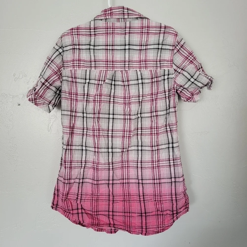 Justice Girls 10 Pink White Black Plaid Short Sleeve Shirt Button Up Top